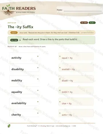 5th Grade vocabulary & word study worksheet — The Ity Suffix — Match Up (Practice 7)