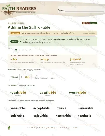 5th Grade vocabulary & word study worksheet — Adding The Suffix Able — Lesson (Practice 5)