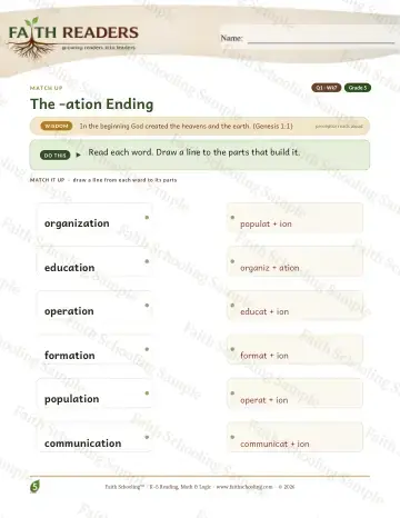 5th Grade vocabulary & word study worksheet — The Ation Suffix — Match Up (Practice 7)
