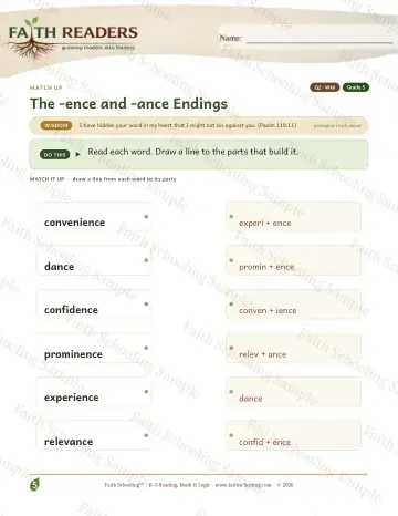 5th Grade vocabulary & word study worksheet — The Ence Ance Suffix — Match Up (Practice 6)