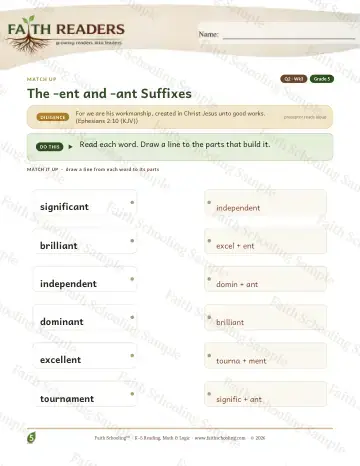 5th Grade vocabulary & word study worksheet — The Ent Ant Suffix — Match Up (Practice 3)