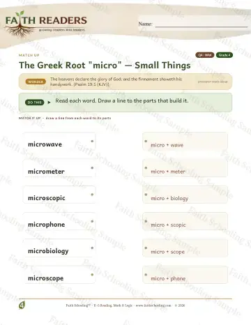 4th Grade vocabulary & word study worksheet — Greek Root Micro — Match Up (Practice 4)