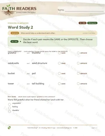 Kindergarten vocabulary & word study worksheet — Vocabulary — Synonyms Antonyms (Practice 2) (Practice 3)