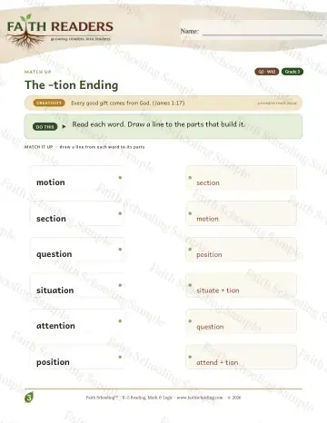 3rd Grade vocabulary & word study worksheet — The Tion Sion Suffix — Match Up (Practice 2)