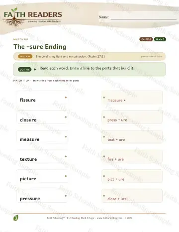 3rd Grade vocabulary & word study worksheet — The Sure Suffix — Match Up (Practice 3)