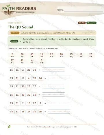 Kindergarten phonics worksheet — The QU Sound — Crack The Code (Practice 5)