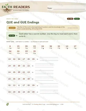 4th Grade phonics worksheet — Que Gue Endings — Crack The Code (Practice 6)