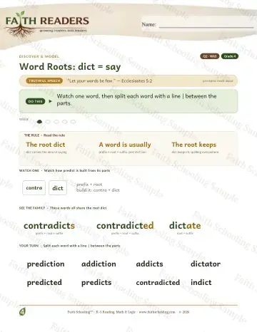 4th Grade vocabulary & word study worksheet — Word Roots Dict Say — Lesson (Practice 3)