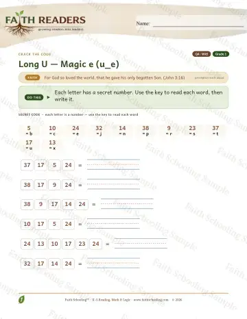 1st Grade phonics worksheet — Magic E U E — Crack The Code (Practice 5)