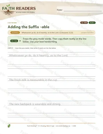 5th Grade grammar & writing worksheet — Q1 Adding The Suffix Able — Copywork (Practice 6)