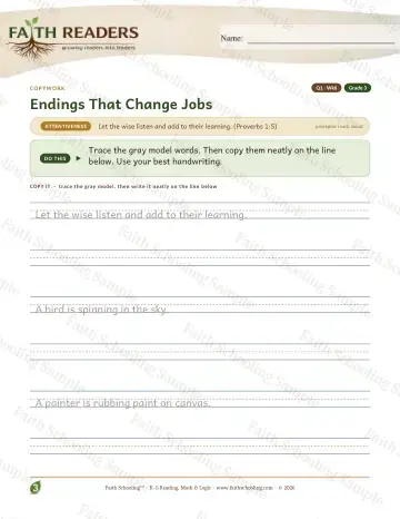 3rd Grade grammar & writing worksheet — Q1 Endings That Change Jobs — Copywork (Practice 6)