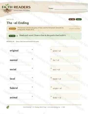 3rd Grade vocabulary & word study worksheet — The Al Suffix — Match Up (Practice 3)