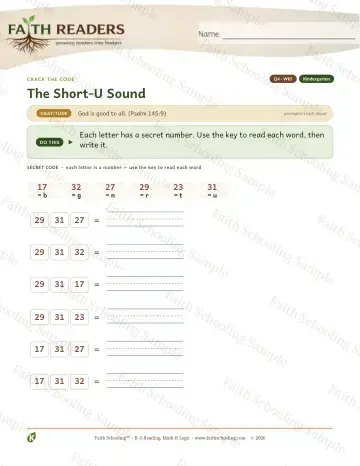 Kindergarten phonics worksheet — The Short U Sound — Crack The Code (Practice 5)