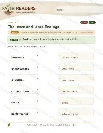 5th Grade vocabulary & word study worksheet — The Ence Ance Suffix — Match Up (Practice 5)