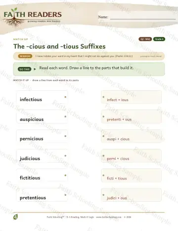4th Grade vocabulary & word study worksheet — The Cious Tious Suffix — Match Up (Practice 2)