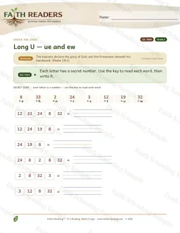 2nd Grade phonics worksheet — Long U Ue Ew — Crack The Code (Practice 4)