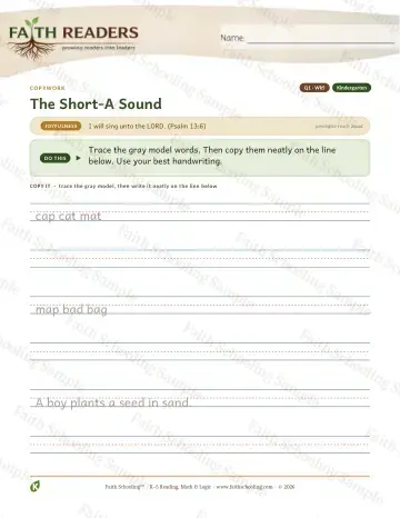 Kindergarten grammar & writing worksheet — Q1 The Short A Sound — Copywork (Practice 5)