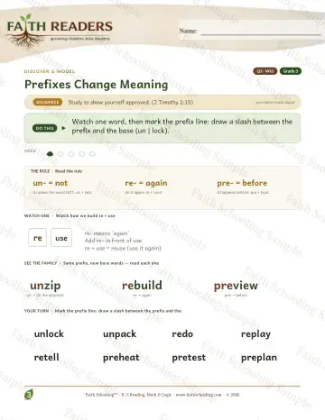 3rd Grade vocabulary & word study worksheet — Prefixes Change Meaning — Lesson (Practice 1)