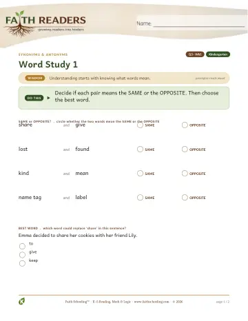 Kindergarten Vocabulary, Morphology & Word Study: Synonyms Antonyms — worksheet preview