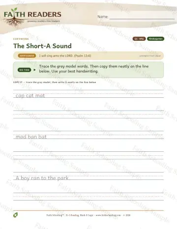 Kindergarten grammar & writing worksheet — Q1 The Short A Sound — Copywork (Practice 2)