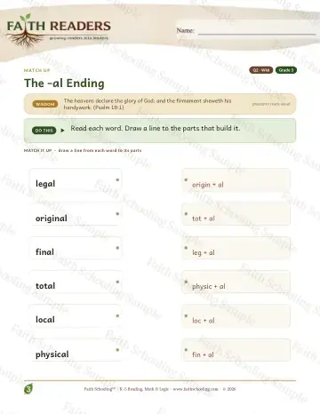 3rd Grade vocabulary & word study worksheet — The Al Suffix — Match Up (Practice 6)