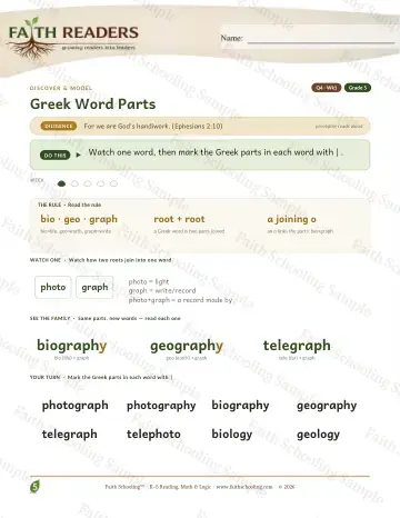 5th Grade vocabulary & word study worksheet — Greek Word Parts — Lesson (Practice 1)