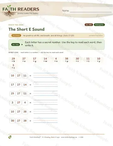 Kindergarten phonics worksheet — The Short E Sound — Crack The Code (Practice 5)