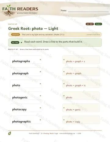 4th Grade vocabulary & word study worksheet — Greek Root Photo — Match Up (Practice 7)