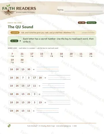 Kindergarten phonics worksheet — The QU Sound — Crack The Code (Practice 6)