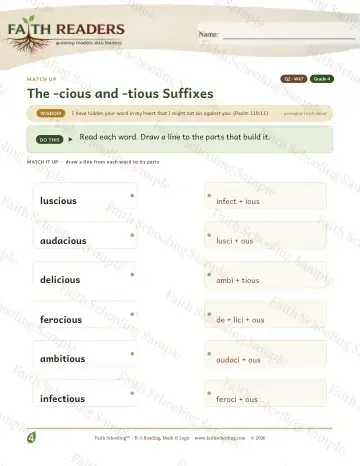4th Grade vocabulary & word study worksheet — The Cious Tious Suffix — Match Up (Practice 7)