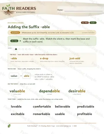 5th Grade vocabulary & word study worksheet — Adding The Suffix Able — Lesson (Practice 1)
