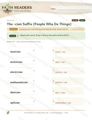4th Grade vocabulary & word study worksheet — The Cian Suffix — Match Up (Practice 2)