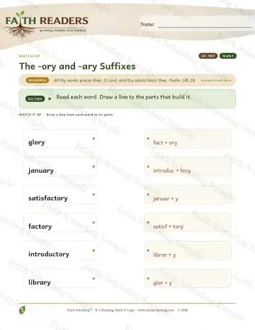 5th Grade vocabulary & word study worksheet — The Ory Ary Suffix — Match Up (Practice 7)