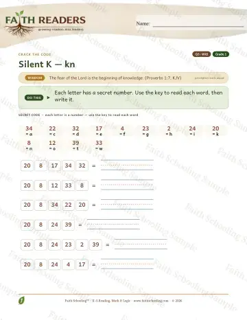 1st Grade phonics worksheet — Silent K Kn — Crack The Code (Practice 5)