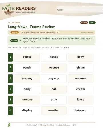 Long Vowel Teams Review — Roll And Read (Practice 1)