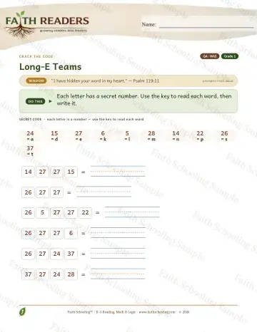 1st Grade phonics worksheet — Long E Teams — Crack The Code (Practice 3)