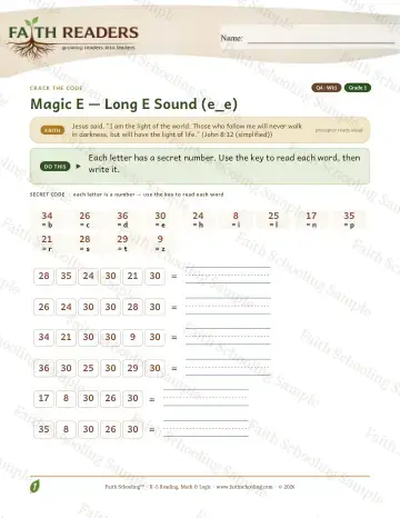 1st Grade phonics worksheet — Magic E: e-e - Crack The Code (Practice 1)