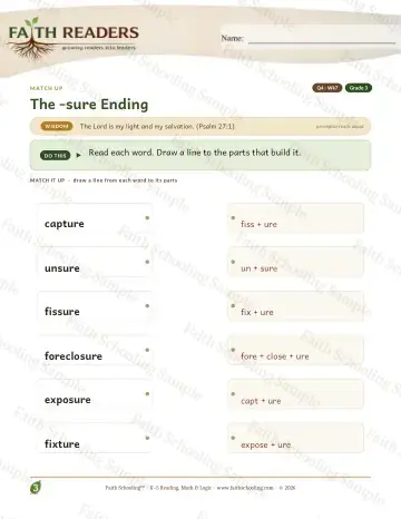 3rd Grade vocabulary & word study worksheet — The Sure Suffix — Match Up (Practice 7)