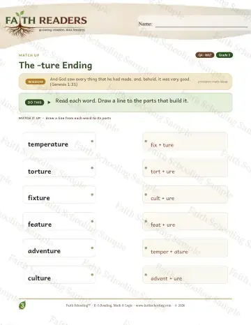 3rd Grade vocabulary & word study worksheet — The Ture Suffix — Match Up (Practice 7)
