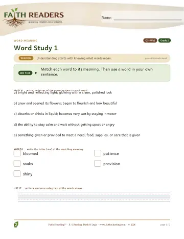Grade 2 Vocabulary, Morphology & Word Study: Word Meaning — worksheet preview