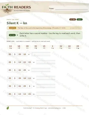 1st Grade phonics worksheet — Silent K Kn — Crack The Code (Practice 2)
