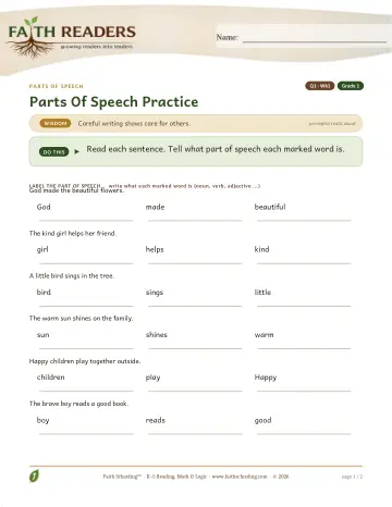 Grade 1 Grammar & Writing: Parts Of Speech — worksheet preview