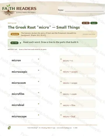 4th Grade vocabulary & word study worksheet — Greek Root Micro — Match Up (Practice 7)