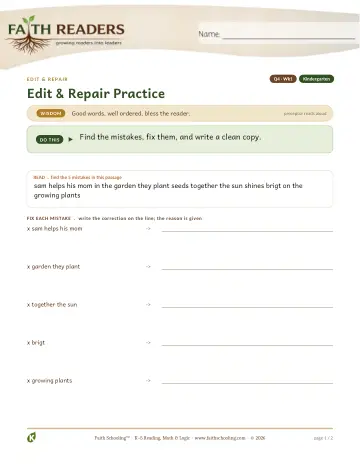 Kindergarten Grammar & Writing: Edit And Repair — worksheet preview