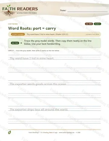 4th Grade grammar & writing worksheet — Q1 Word Roots Port Carry — Copywork (Practice 3)