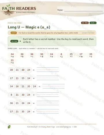 1st Grade phonics worksheet — Magic E U E — Crack The Code (Practice 1)