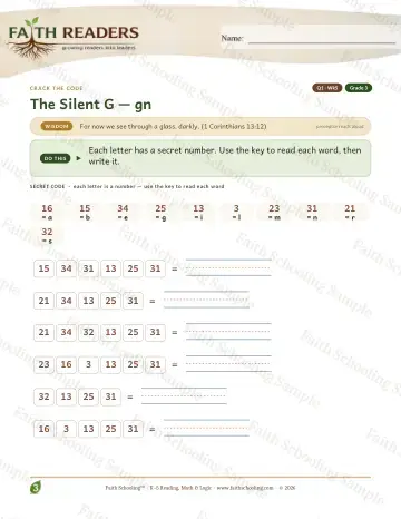 3rd Grade phonics worksheet — Silent G Gn — Crack The Code (Practice 5)