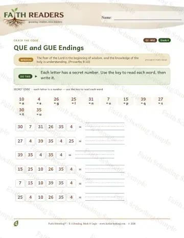 4th Grade phonics worksheet — Que Gue Endings — Crack The Code (Practice 3)