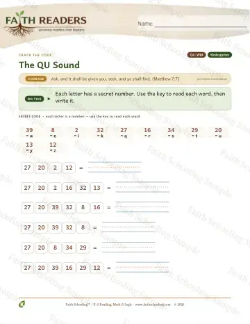 Kindergarten phonics worksheet — The QU Sound — Crack The Code (Practice 4)