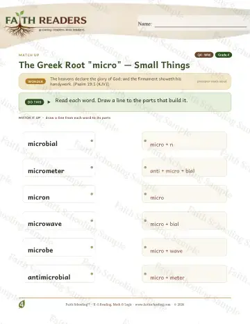 4th Grade vocabulary & word study worksheet — Greek Root Micro — Match Up (Practice 6)